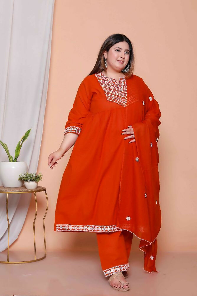 Miravan Womens Plus Size Floral Embroidered Rust Straight Cotton Kurta & Palazzo With Dupatta Set