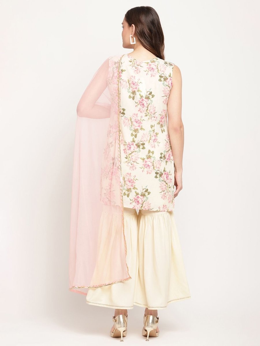 Ahalyaa Women's Beige Crepe Digital Floral Print Kurta Sharara Set with Dupatta 