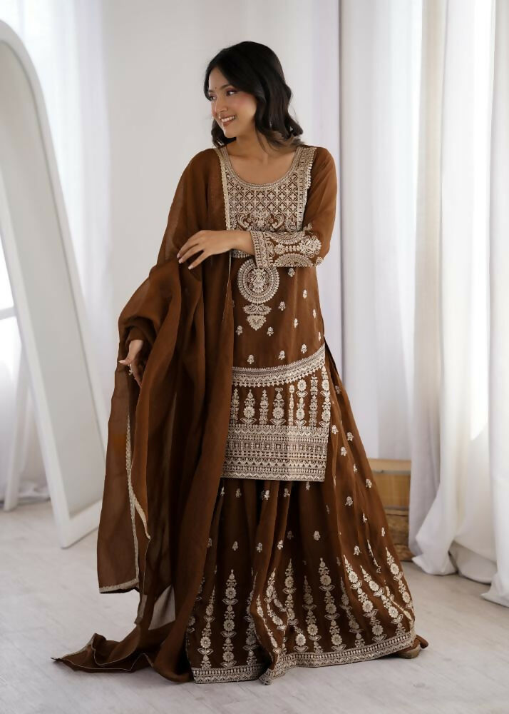 Lehenga Mart Designer Sharara Suit With Kurta, Sharara, Dupatta For Women-Brown
