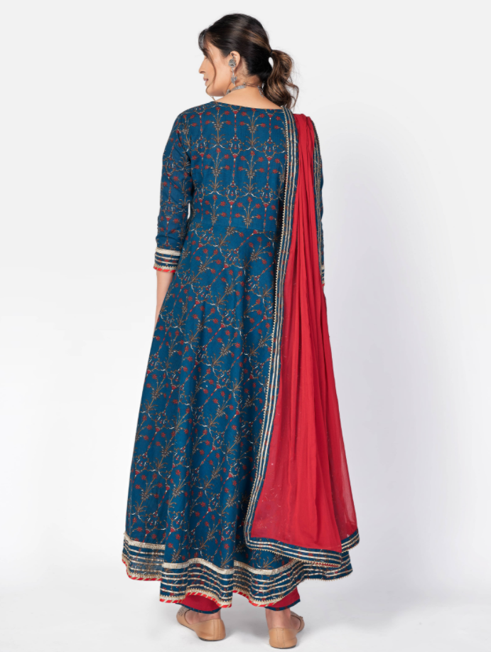 NOZ2TOZ Women Dark Blue Anarkali Cotton Kurta With Pant & Dupatta (3Pcs Set) 