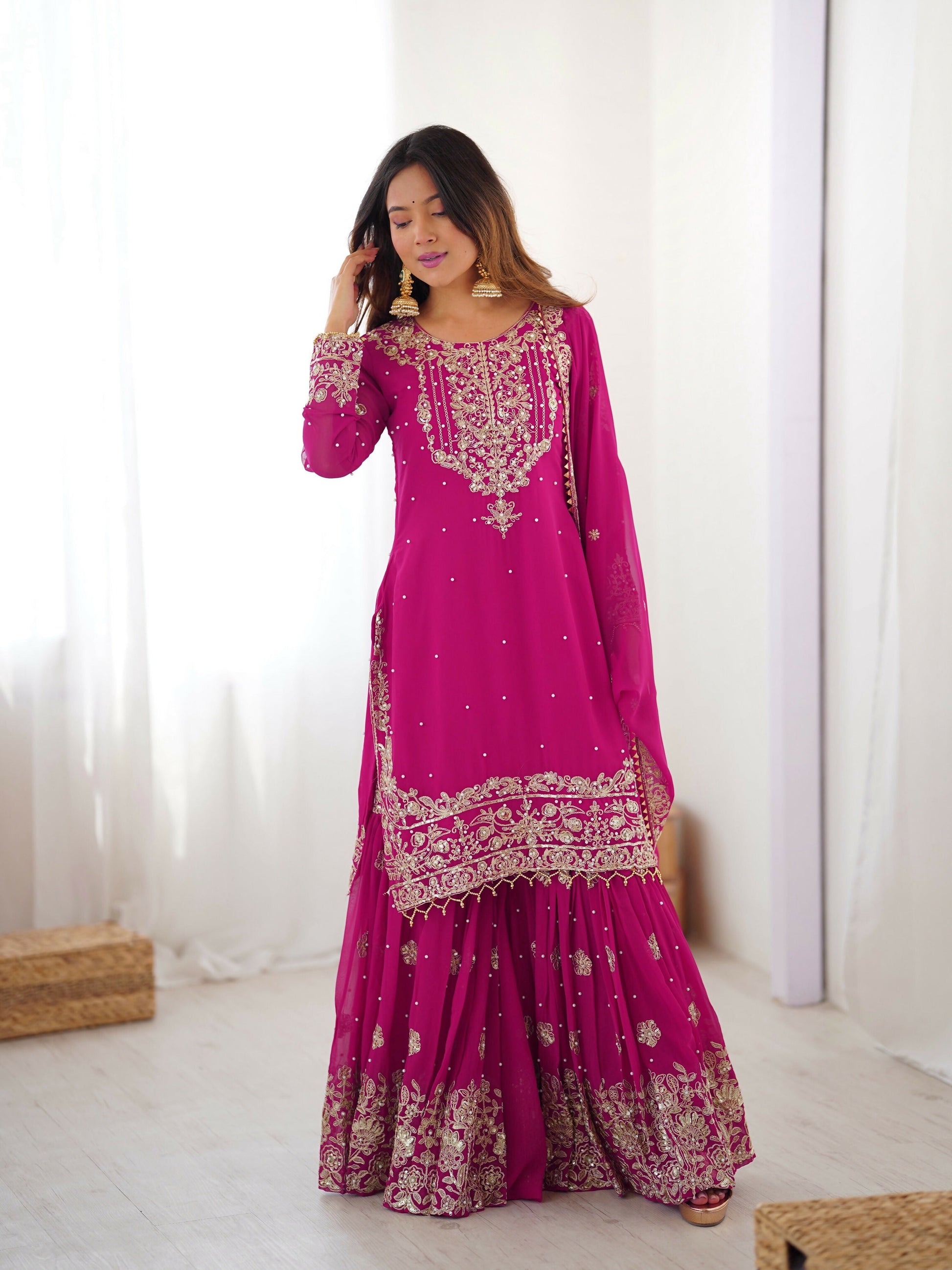 Lehenga Mart Designer Sharara Suit With Kurta, Sharara, Dupatta For Women-Pink