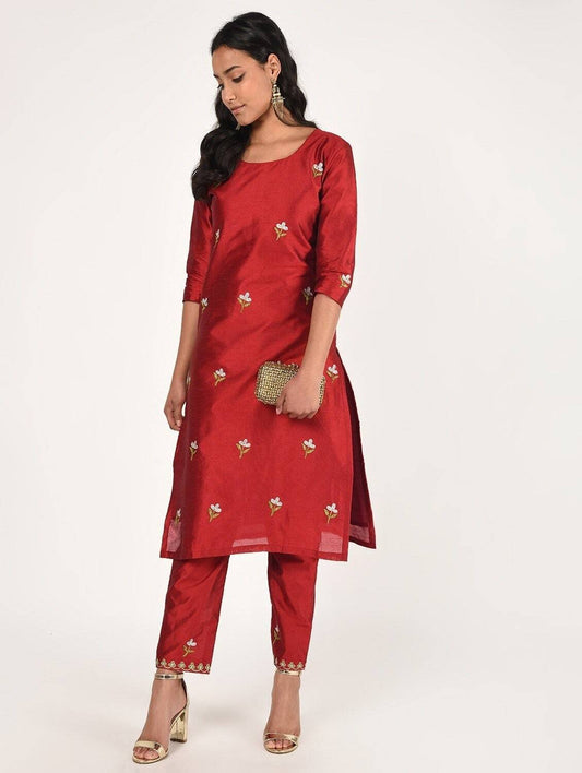Cheera Women's Beautiful Hand Embroidered Motif All-Over Straight Silk Kurta Set (CH069K) - Grab2buy