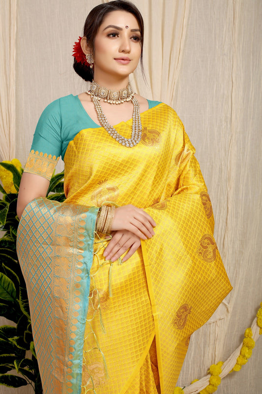Anaita Yellow Woven Design Pure Silk Banarasi Saree With Blouse