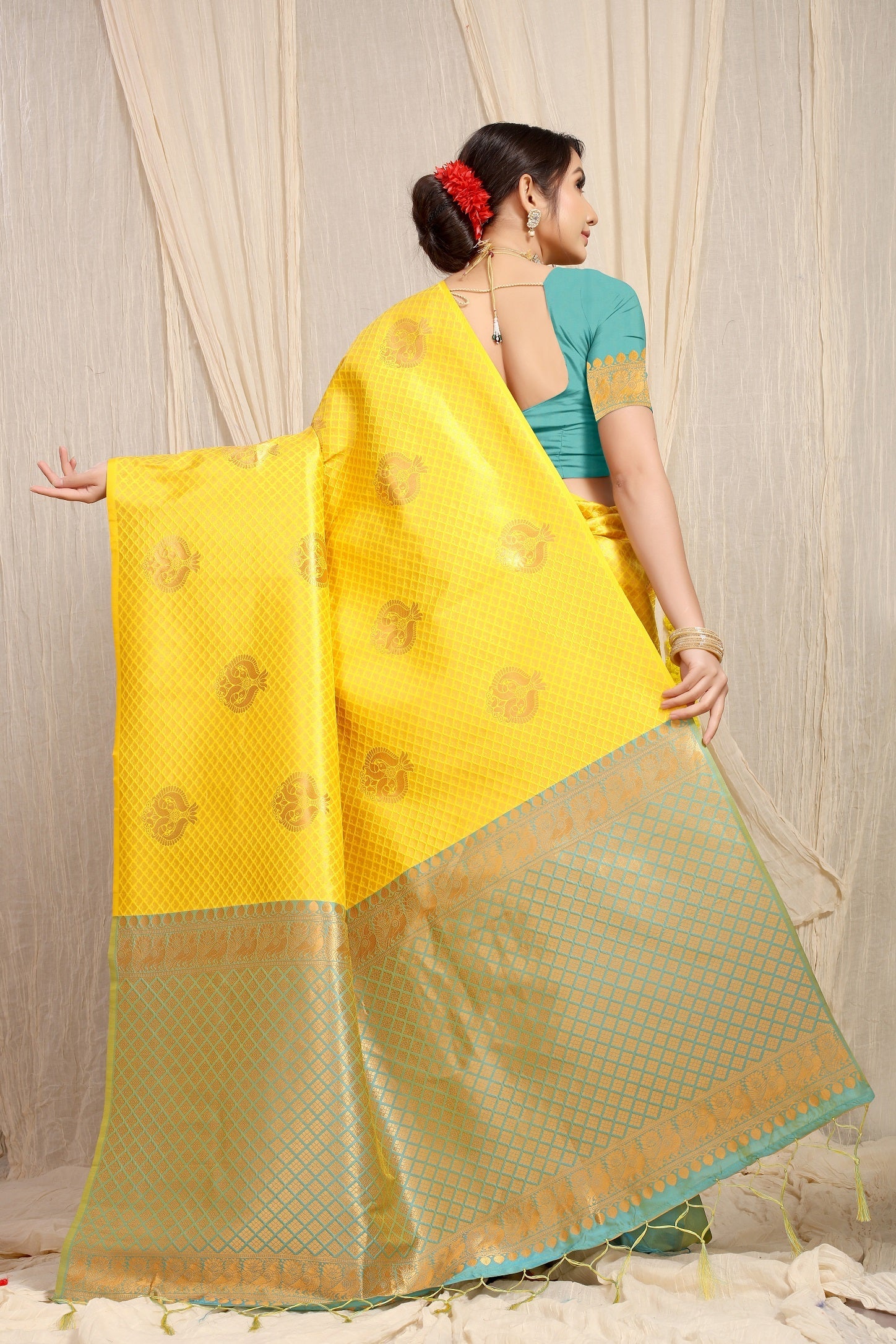 Anaita Yellow Woven Design Pure Silk Banarasi Saree With Blouse