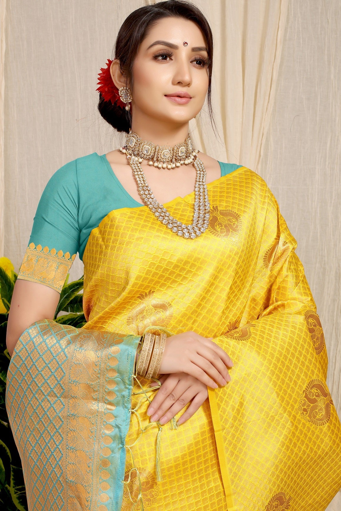 Anaita Yellow Woven Design Pure Silk Banarasi Saree With Blouse