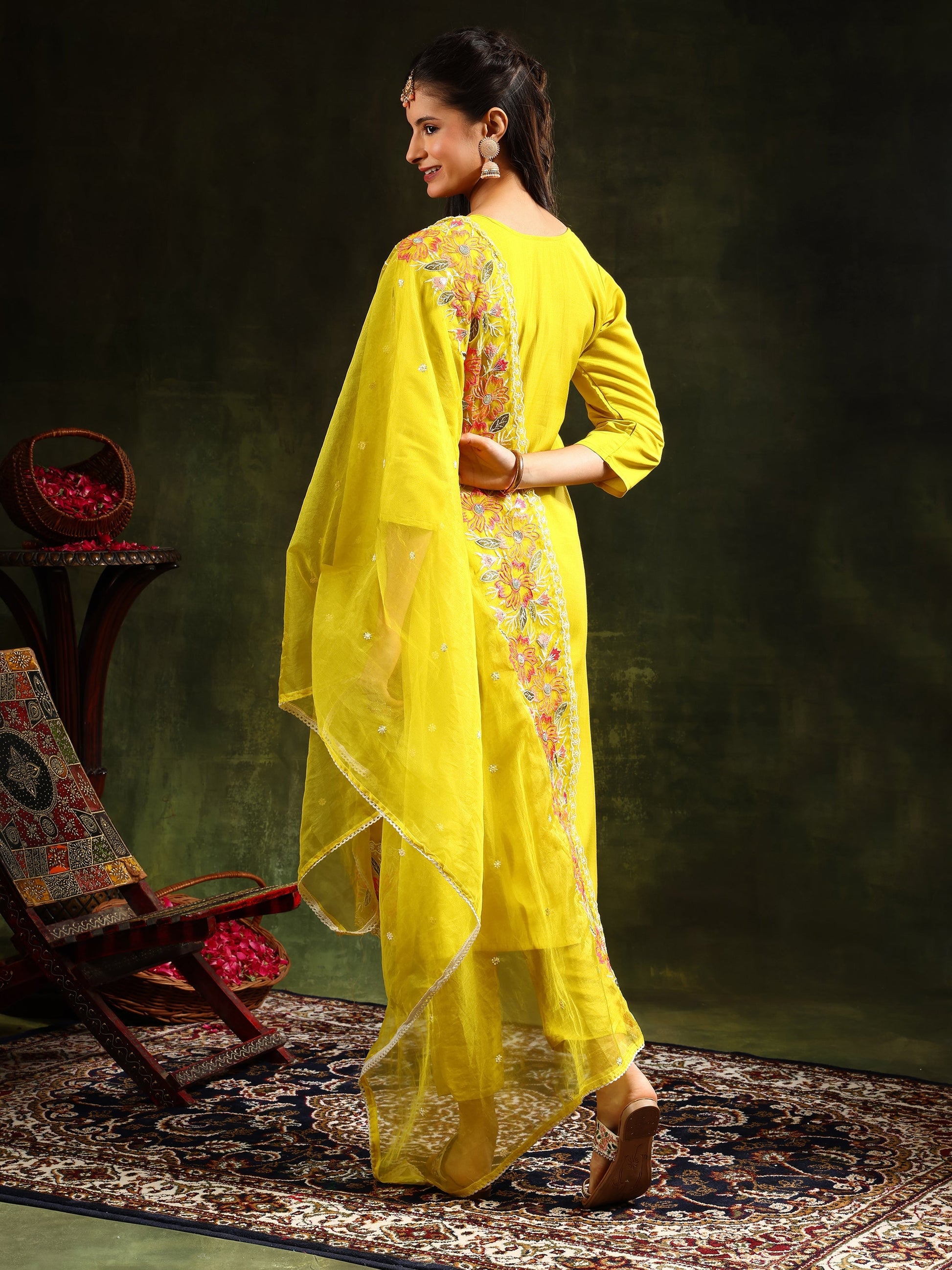 Embroidered Kurta With Pant & Embroidered Dupatta, Yellow - Hiral Fashion