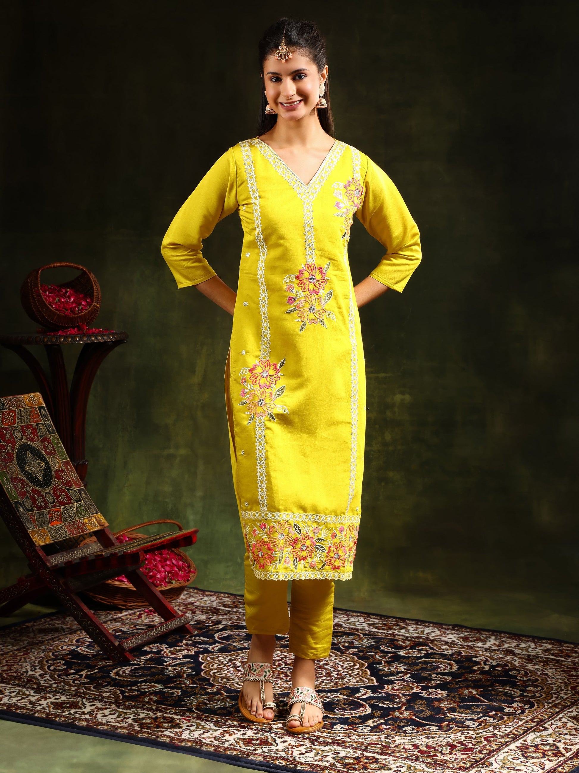 Embroidered Kurta With Pant & Embroidered Dupatta, Yellow - Hiral Fashion