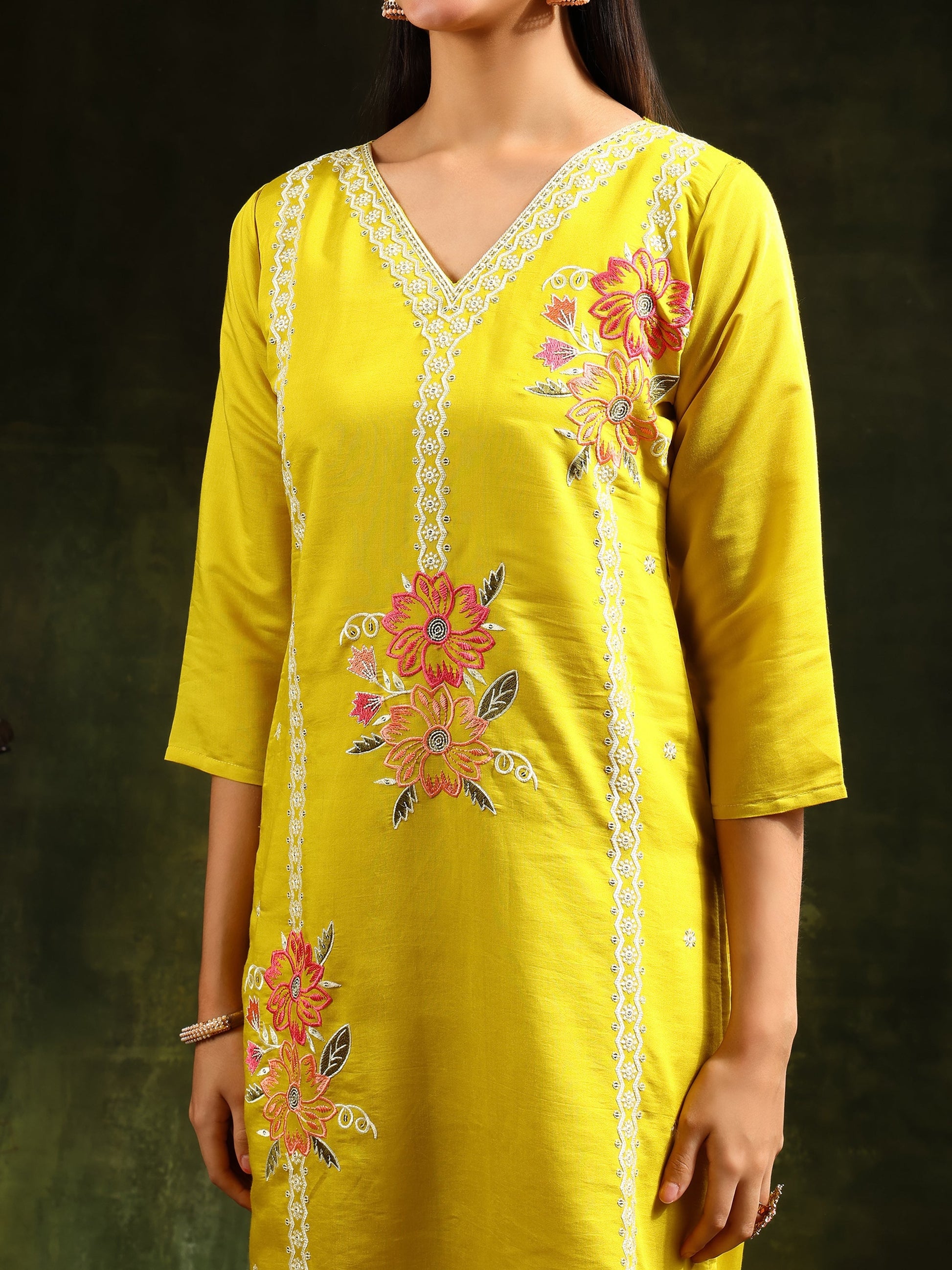 Embroidered Kurta With Pant & Embroidered Dupatta, Yellow - Hiral Fashion