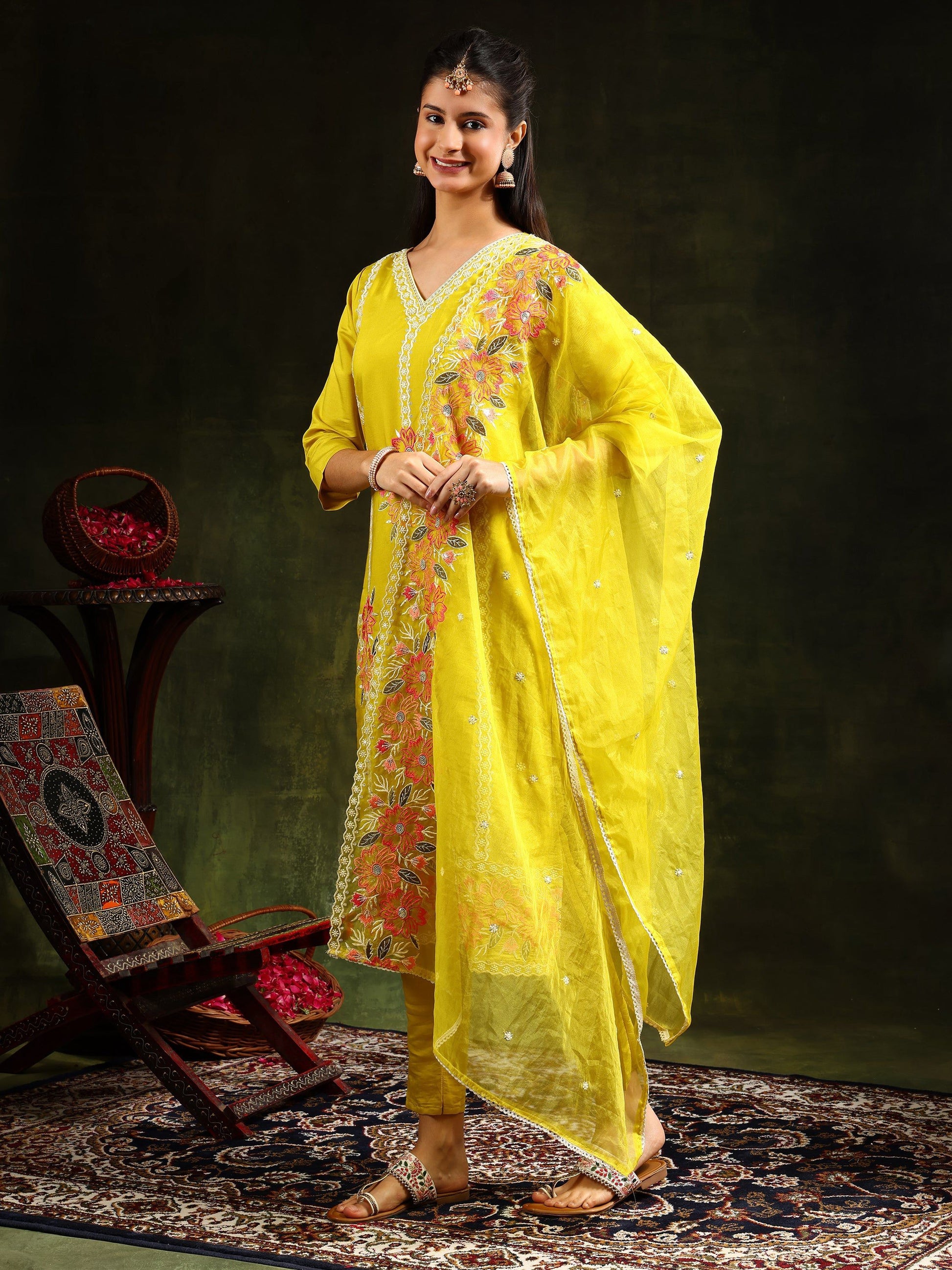 Embroidered Kurta With Pant & Embroidered Dupatta, Yellow - Hiral Fashion