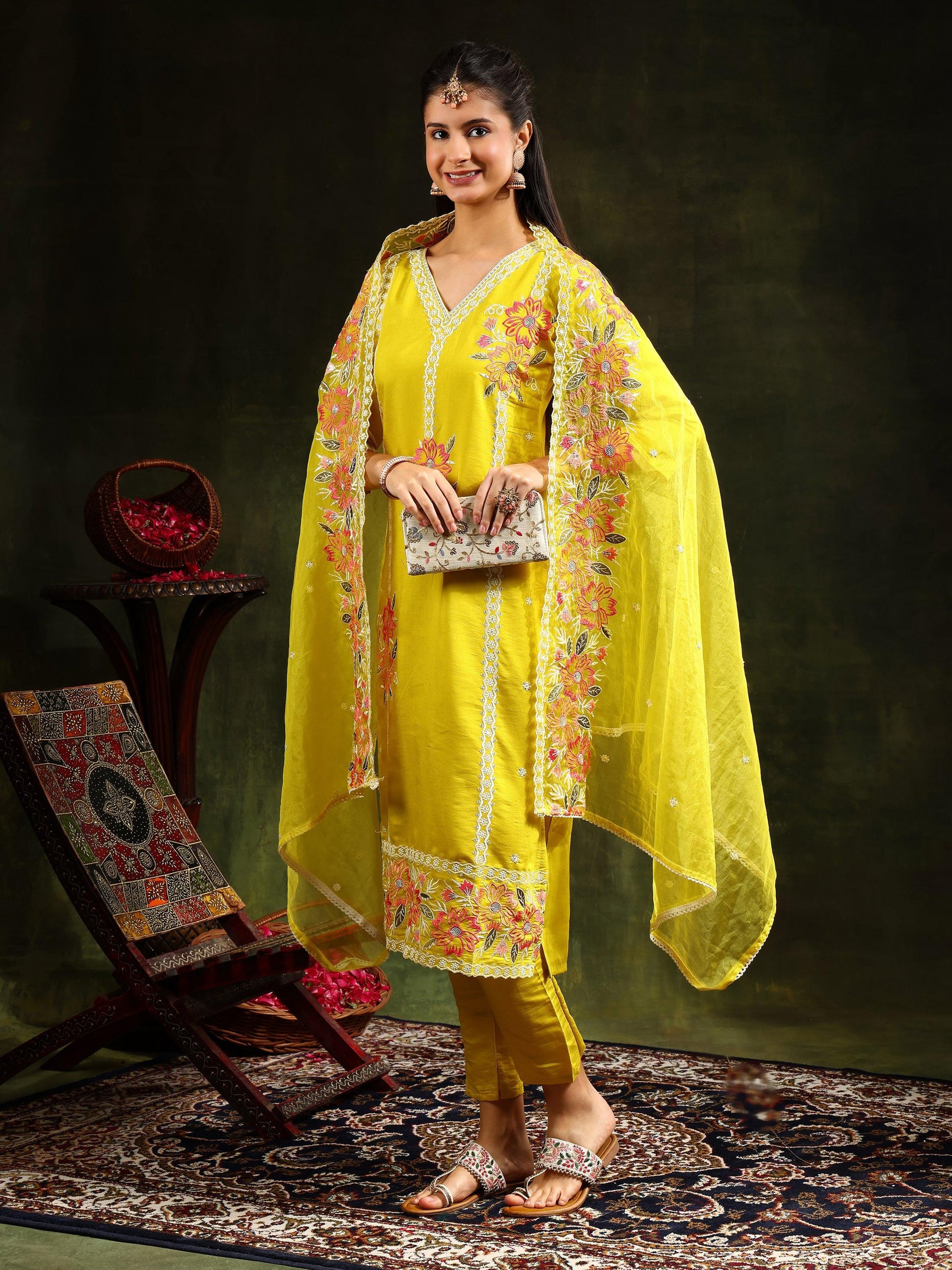 Embroidered Kurta With Pant & Embroidered Dupatta, Yellow - Hiral Fashion