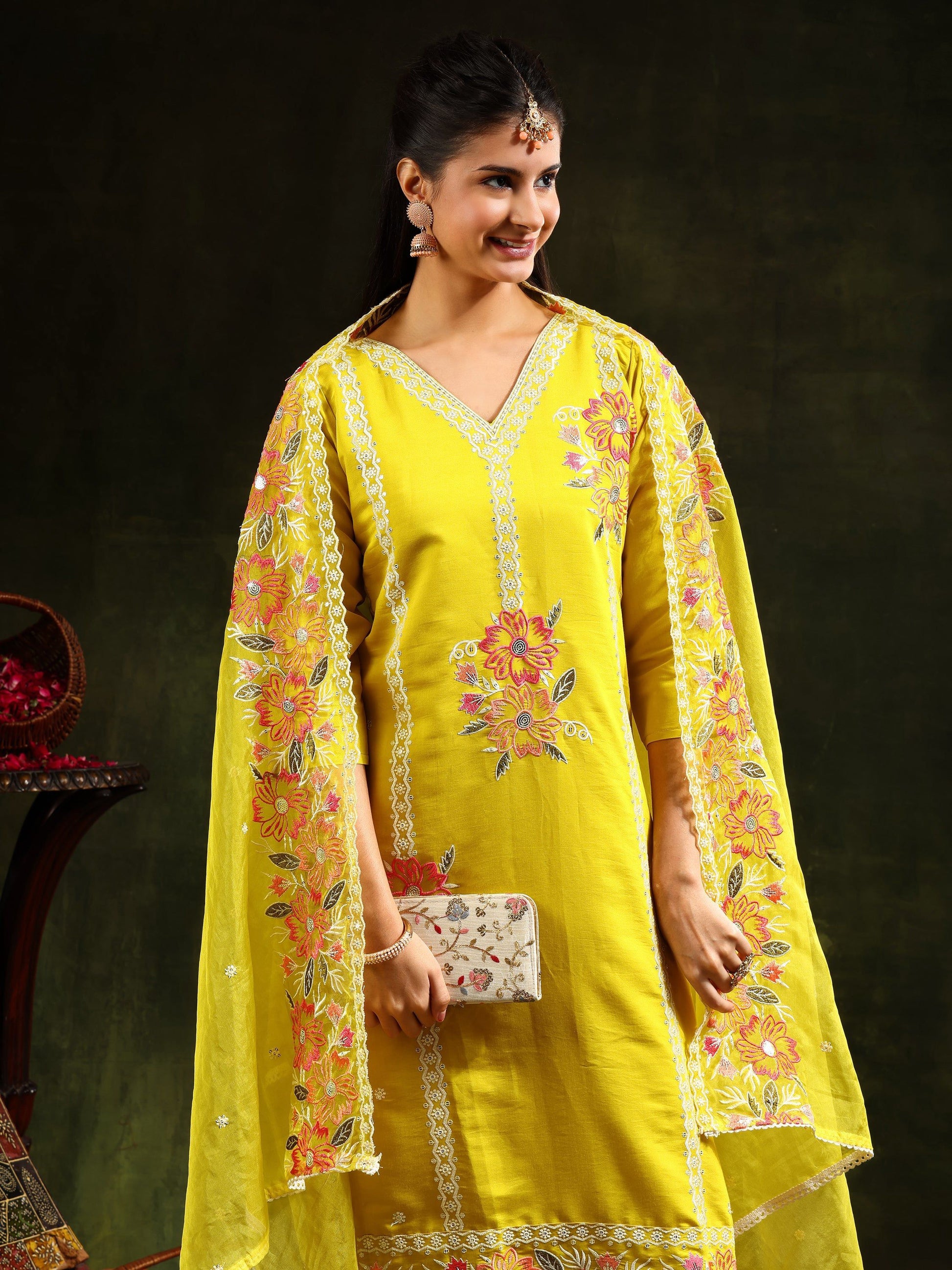 Embroidered Kurta With Pant & Embroidered Dupatta, Yellow - Hiral Fashion