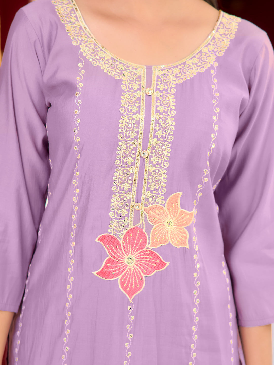 Full Front Embroidered Kurta With Pant & Embroidered Organza Dupatta, Lavender - Hiral Fashion