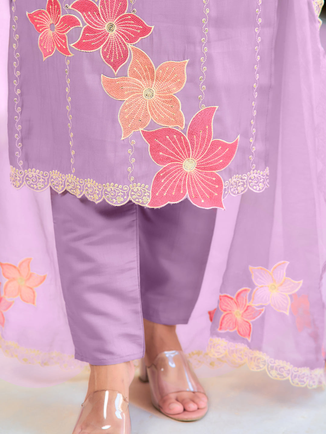 Full Front Embroidered Kurta With Pant & Embroidered Organza Dupatta, Lavender - Hiral Fashion