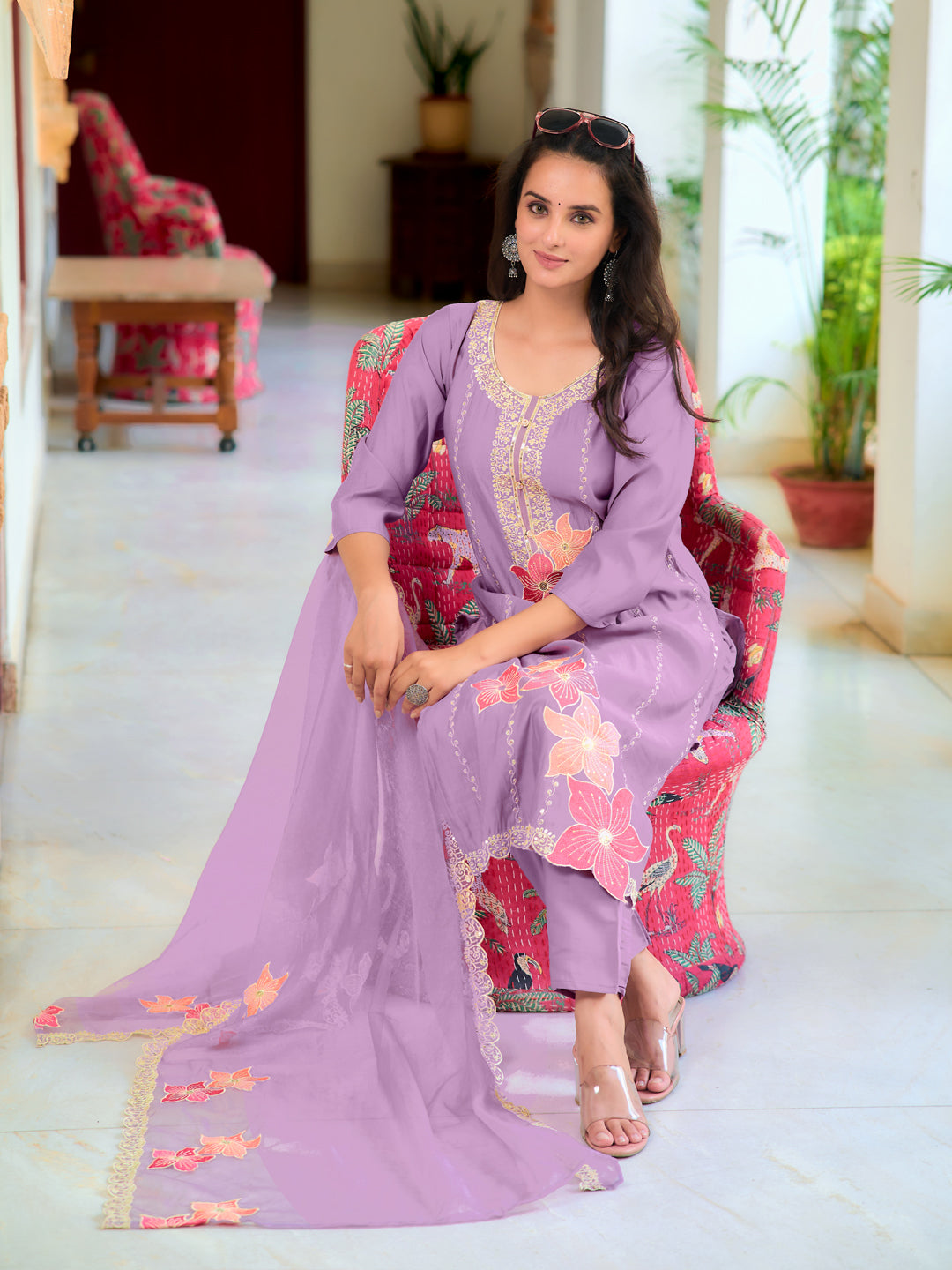 Full Front Embroidered Kurta With Pant & Embroidered Organza Dupatta, Lavender - Hiral Fashion