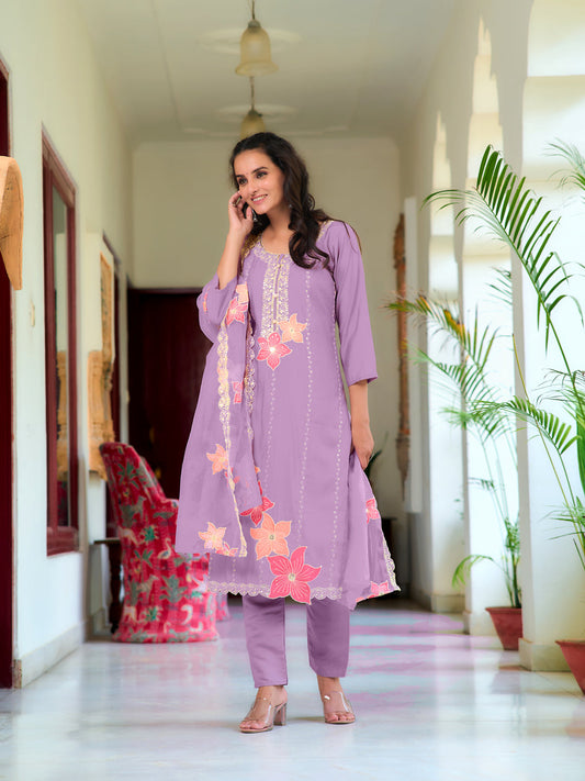 Full Front Embroidered Kurta With Pant & Embroidered Organza Dupatta, Lavender - Hiral Fashion