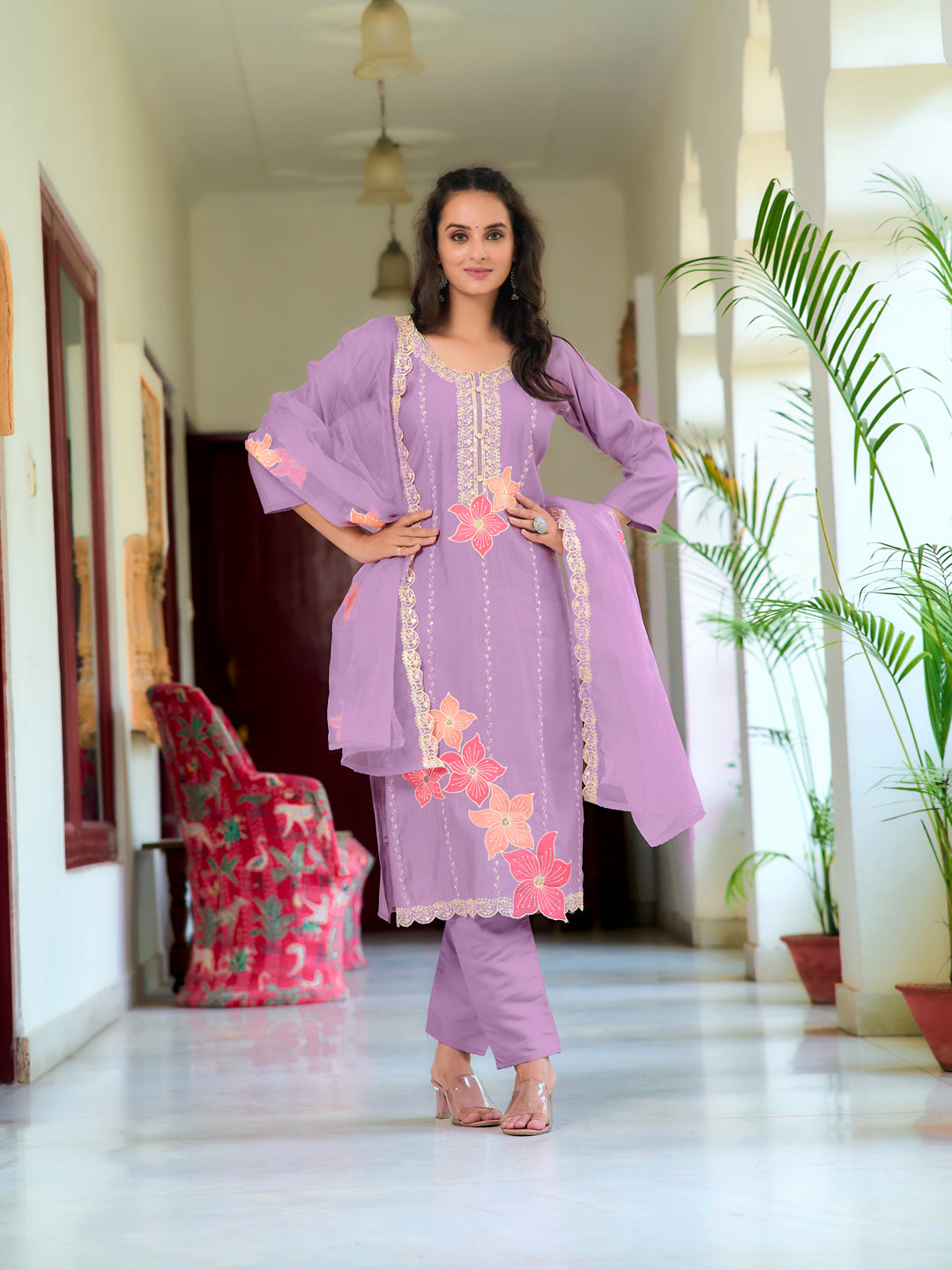 Full Front Embroidered Kurta With Pant & Embroidered Organza Dupatta, Lavender - Hiral Fashion