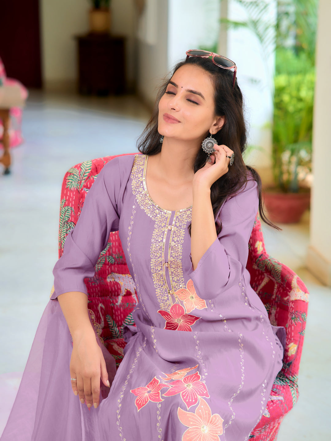 Full Front Embroidered Kurta With Pant & Embroidered Organza Dupatta, Lavender - Hiral Fashion