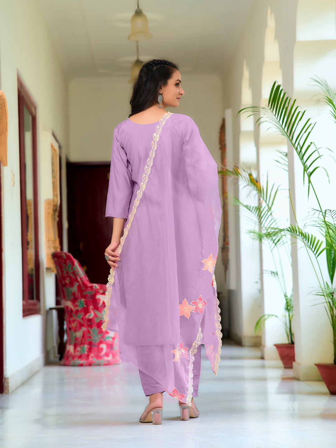 Full Front Embroidered Kurta With Pant & Embroidered Organza Dupatta, Lavender - Hiral Fashion