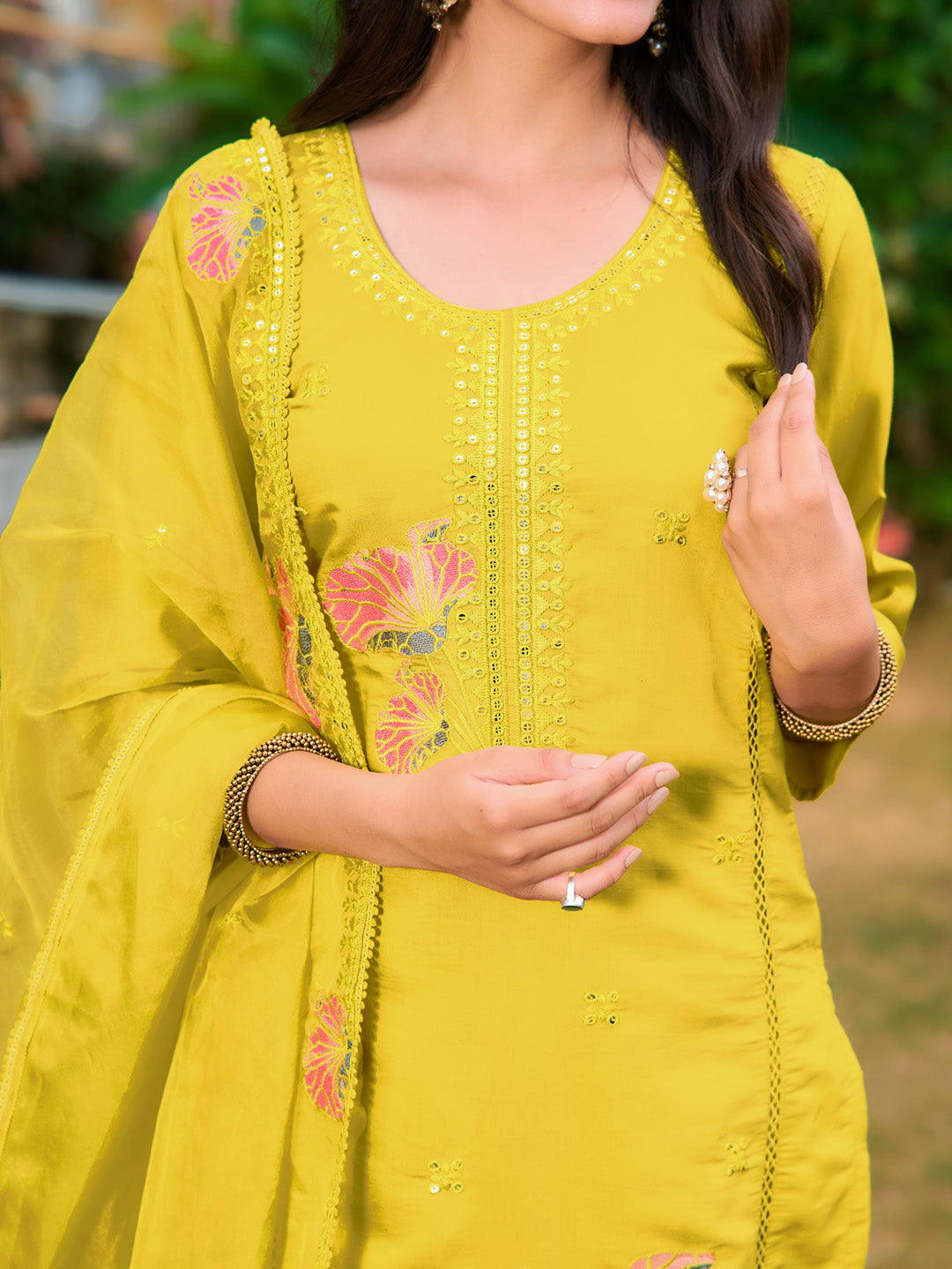 Full Front Embroidered Kurta With Pant & Embroidered Organza Dupatta, Yellow - Hiral Fashion