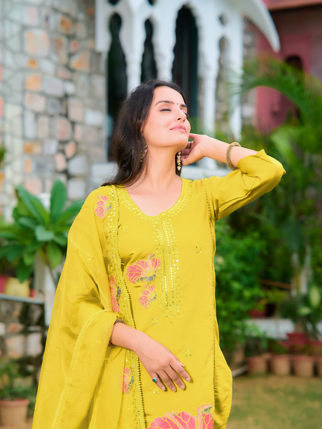 Full Front Embroidered Kurta With Pant & Embroidered Organza Dupatta, Yellow - Hiral Fashion