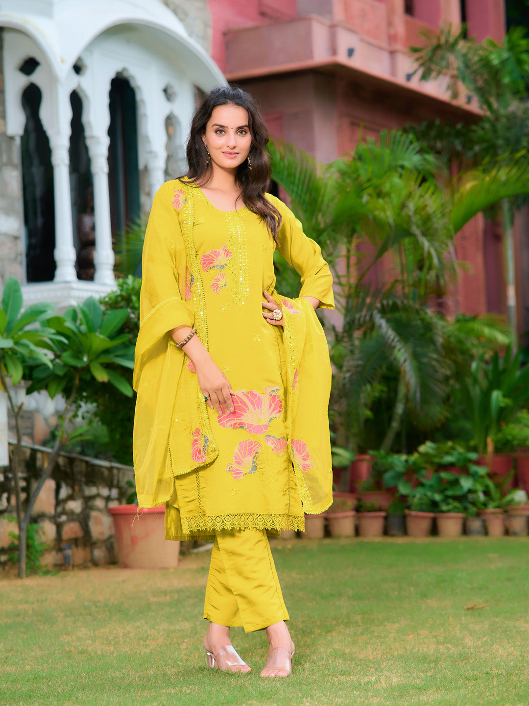 Full Front Embroidered Kurta With Pant & Embroidered Organza Dupatta, Yellow - Hiral Fashion