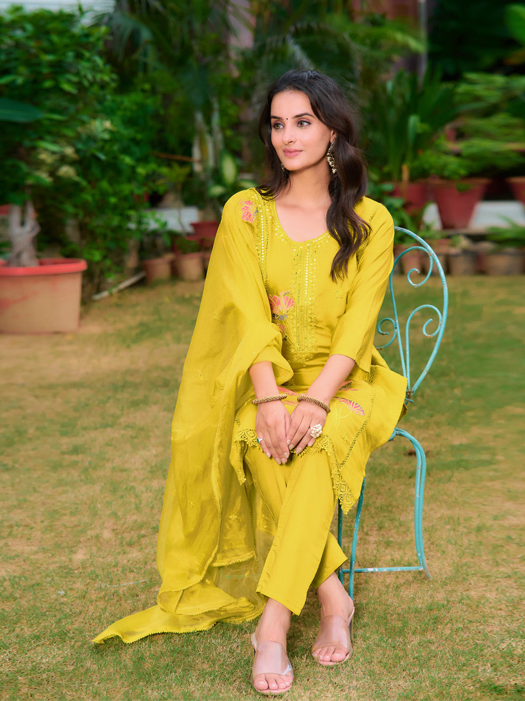 Full Front Embroidered Kurta With Pant & Embroidered Organza Dupatta, Yellow - Hiral Fashion