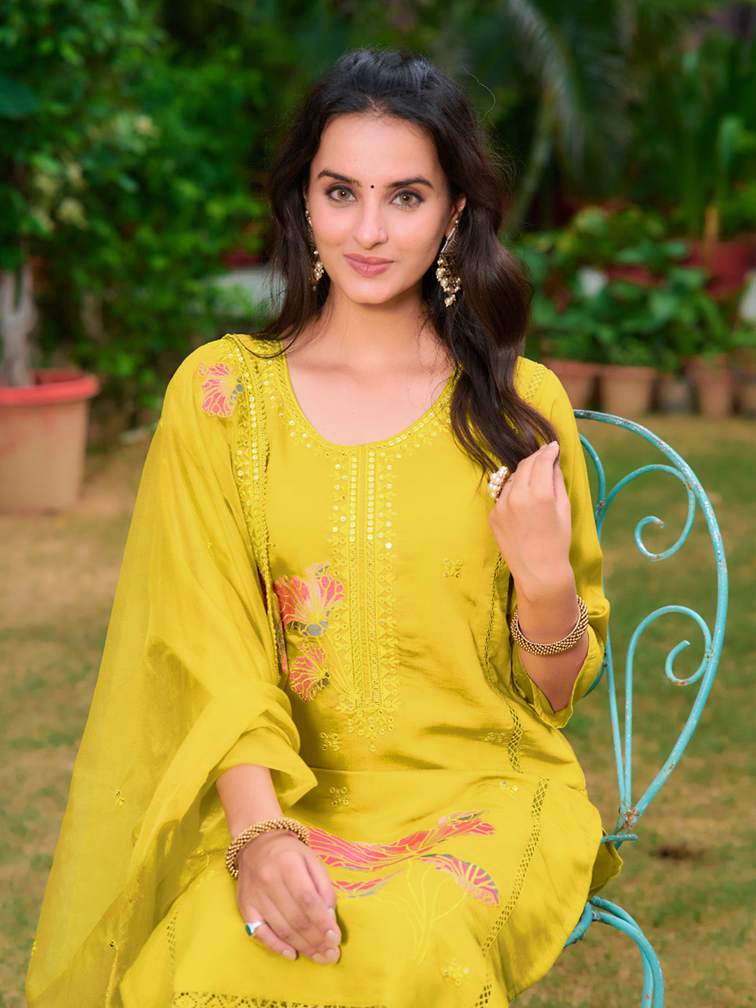 Full Front Embroidered Kurta With Pant & Embroidered Organza Dupatta, Yellow - Hiral Fashion