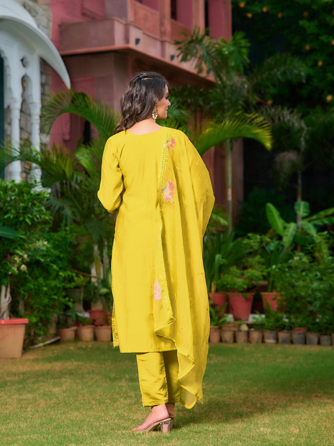 Full Front Embroidered Kurta With Pant & Embroidered Organza Dupatta, Yellow - Hiral Fashion