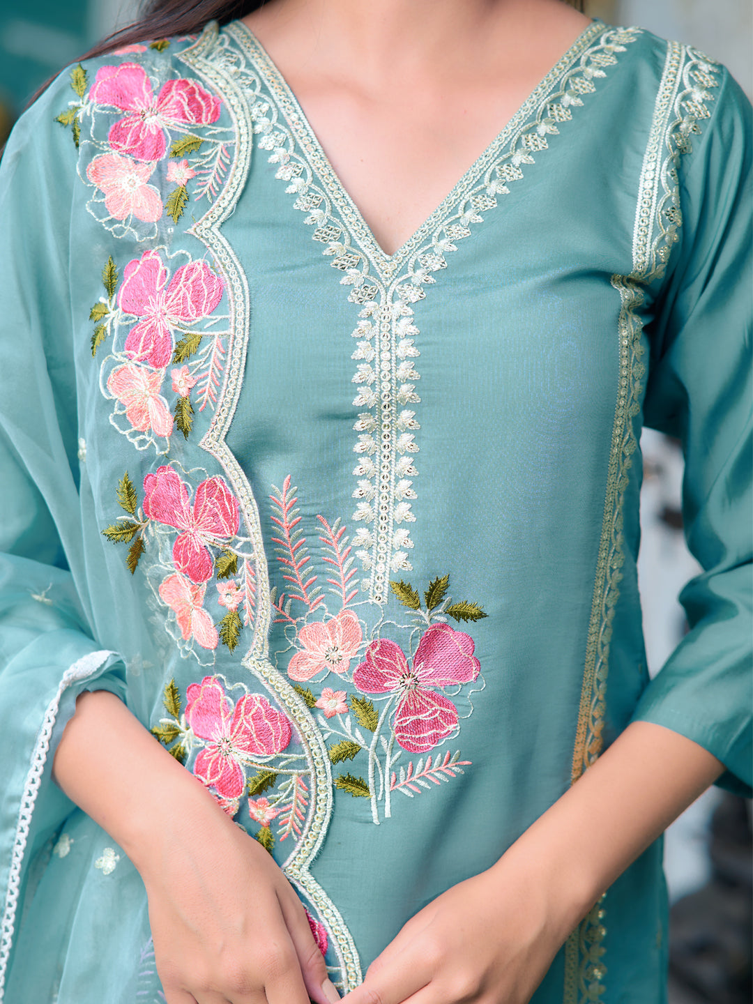 Full Front Embroidered Kurta With Pant & Embroidered Organza Dupatta, Blue - Hiral Fashion