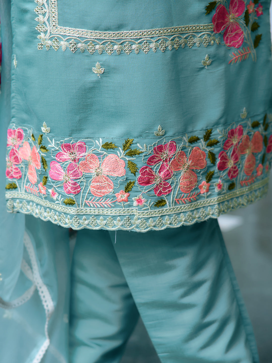Full Front Embroidered Kurta With Pant & Embroidered Organza Dupatta, Blue - Hiral Fashion