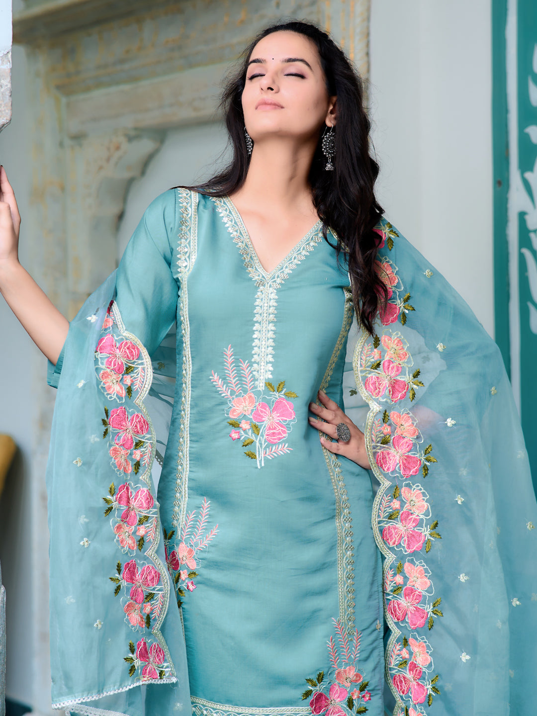 Full Front Embroidered Kurta With Pant & Embroidered Organza Dupatta, Blue - Hiral Fashion