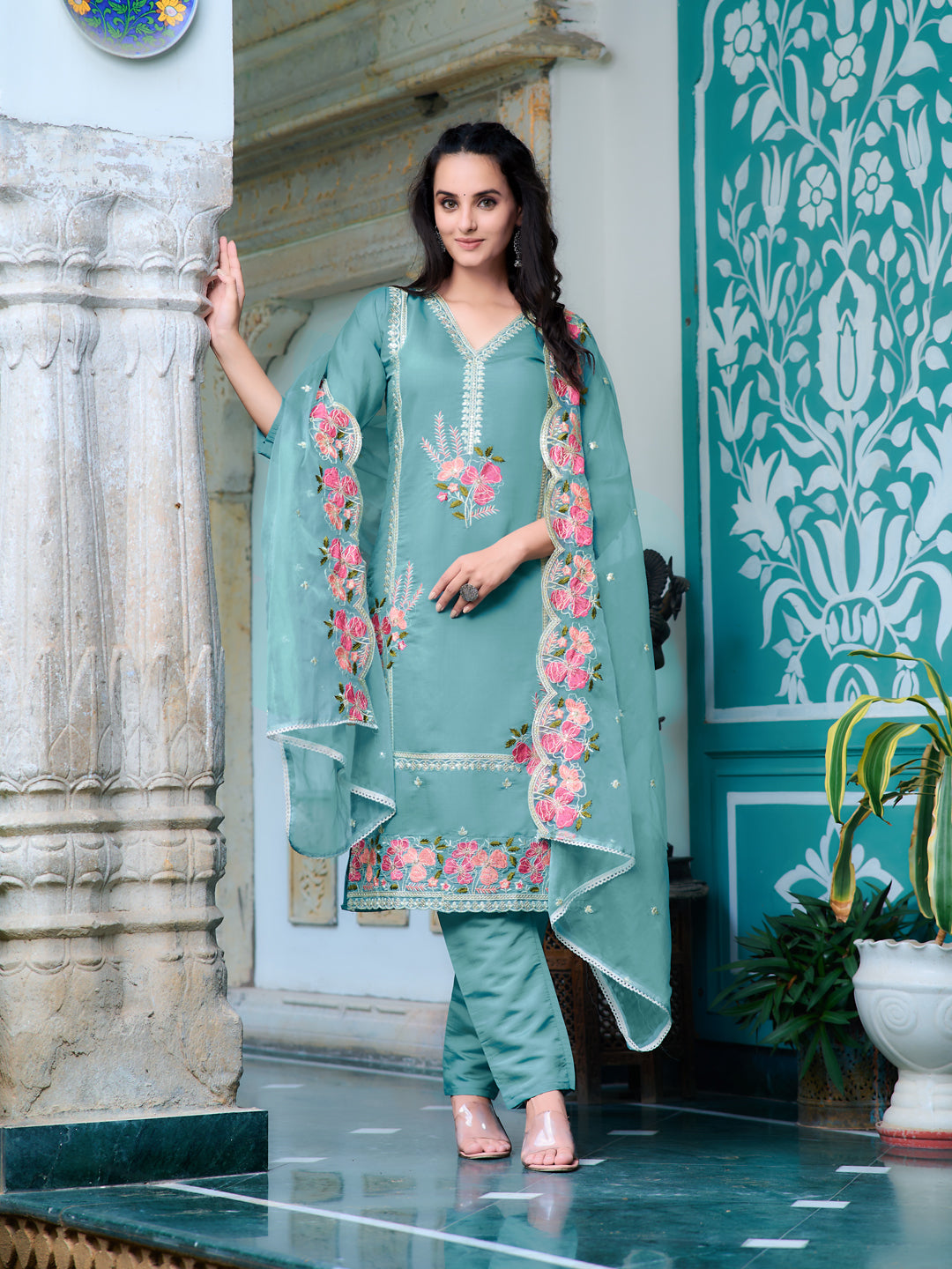 Full Front Embroidered Kurta With Pant & Embroidered Organza Dupatta, Blue - Hiral Fashion