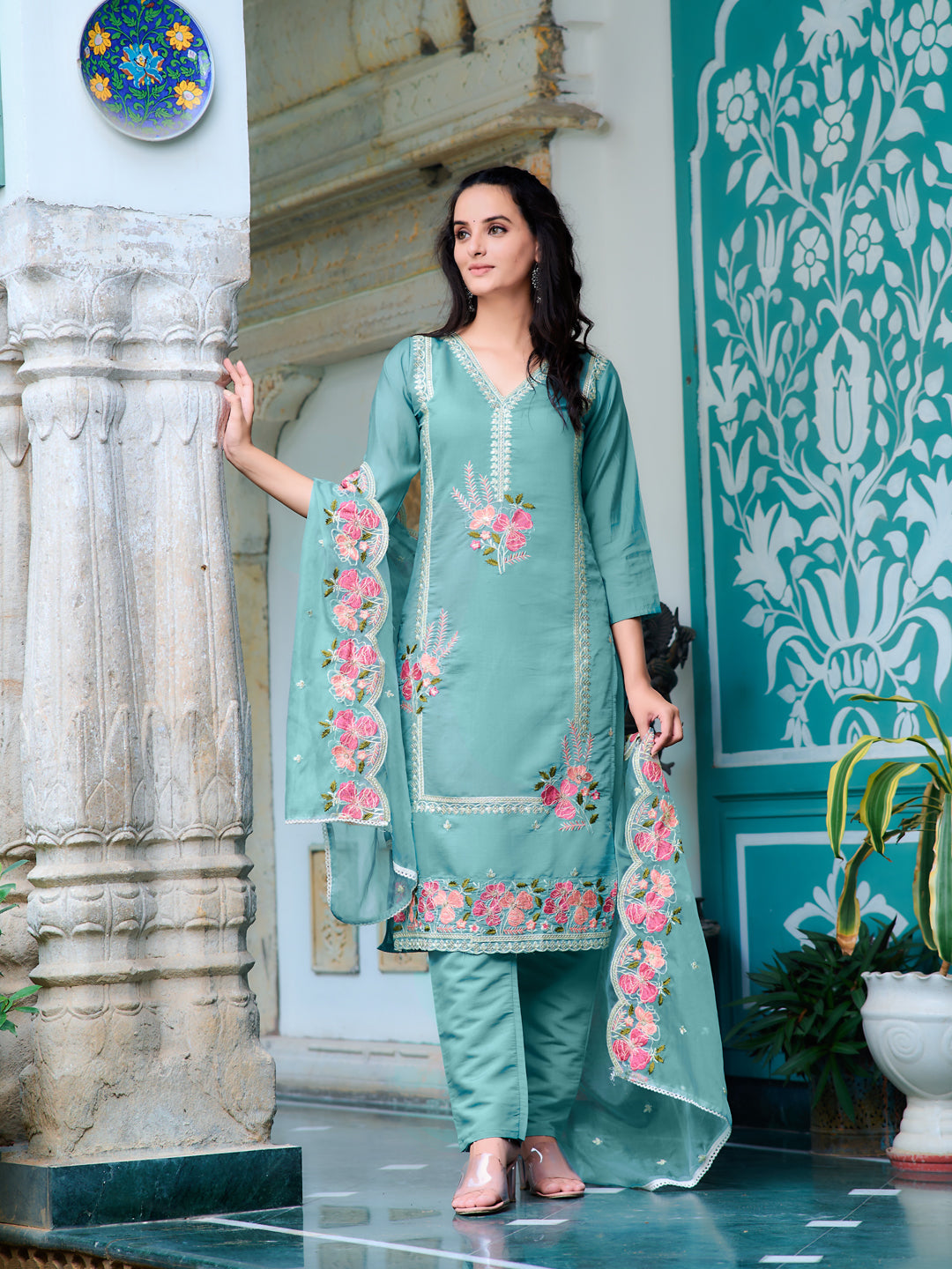 Full Front Embroidered Kurta With Pant & Embroidered Organza Dupatta, Blue - Hiral Fashion