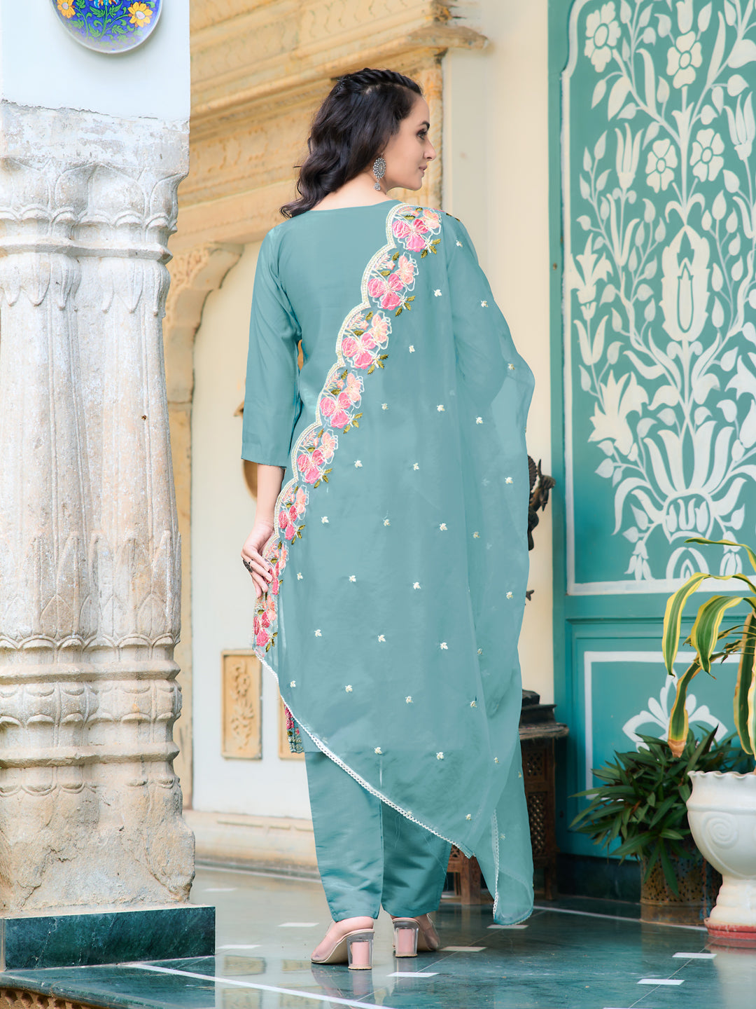 Full Front Embroidered Kurta With Pant & Embroidered Organza Dupatta, Blue - Hiral Fashion