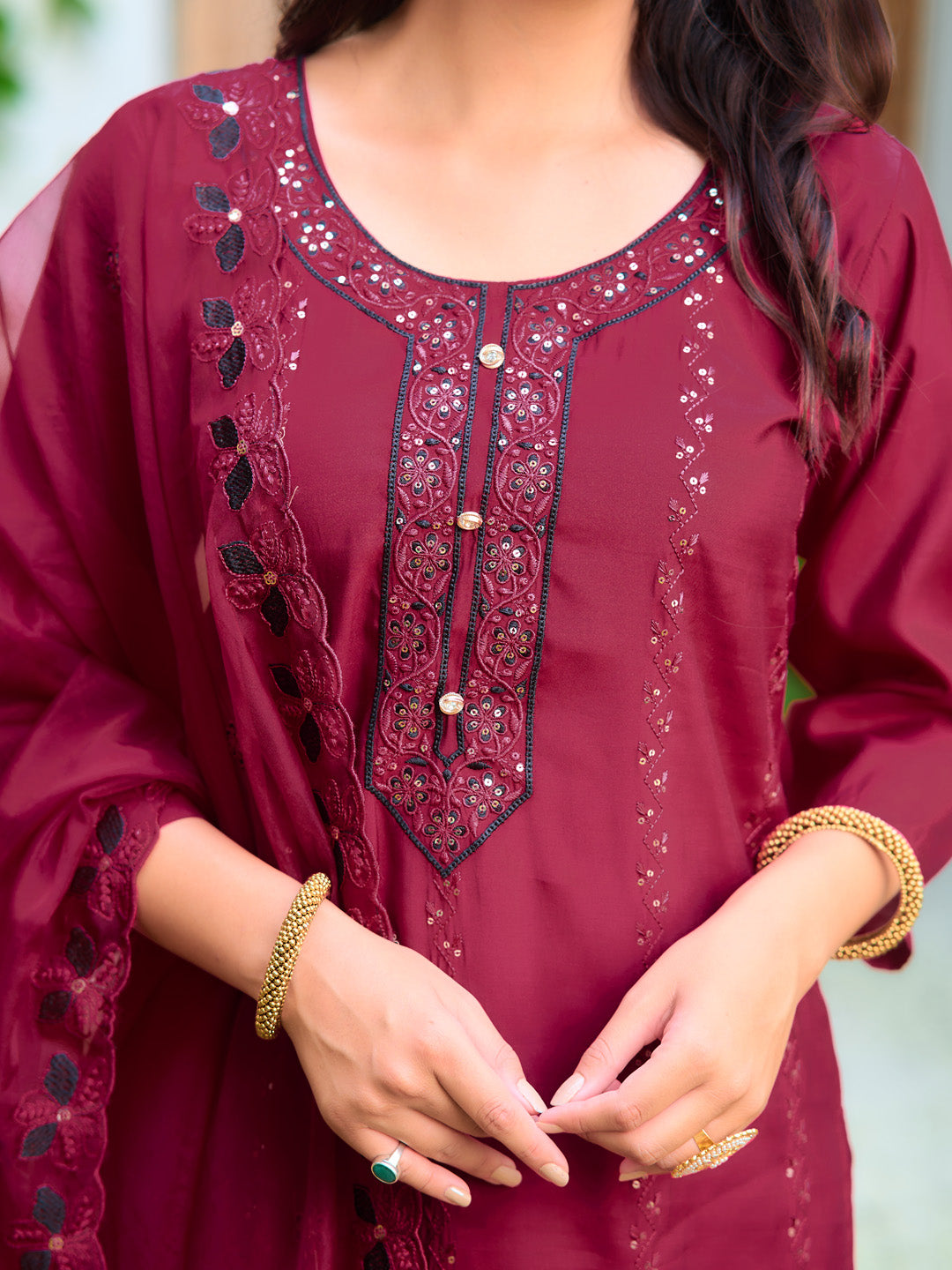 Embroidered Kurta With Pant & Embroidered Cut Work Organza Dupatta, Maroon - Hiral Fashion