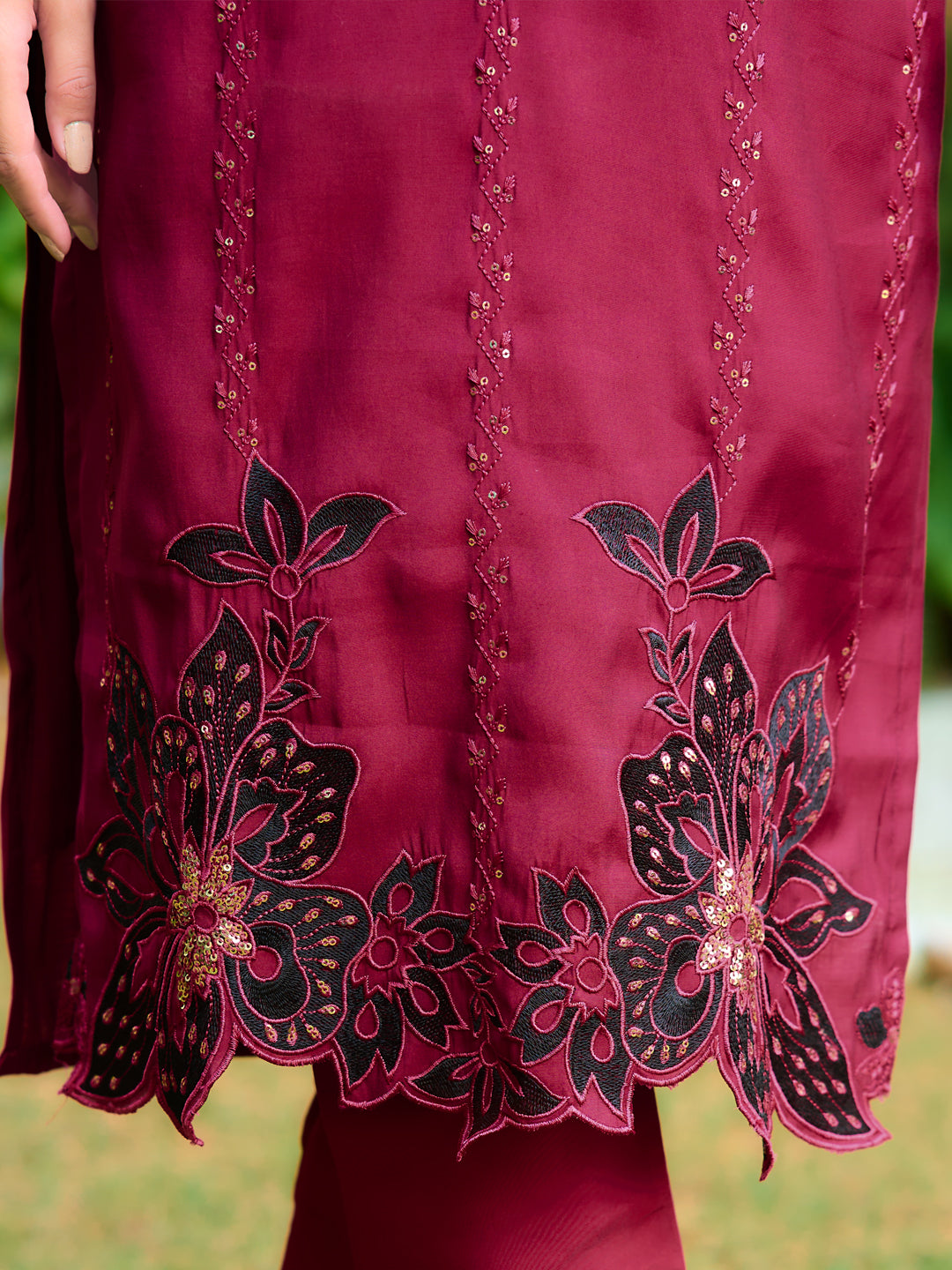 Embroidered Kurta With Pant & Embroidered Cut Work Organza Dupatta, Maroon - Hiral Fashion