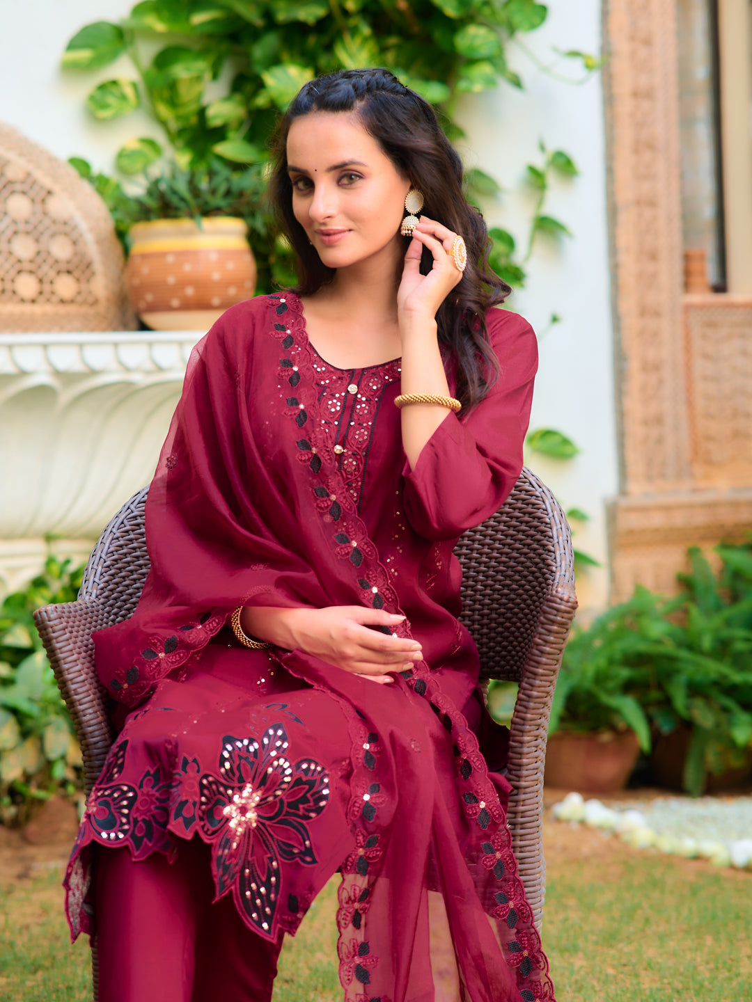 Embroidered Kurta With Pant & Embroidered Cut Work Organza Dupatta, Maroon - Hiral Fashion