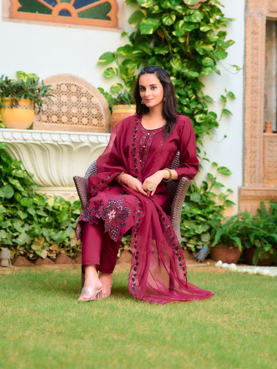 Embroidered Kurta With Pant & Embroidered Cut Work Organza Dupatta, Maroon - Hiral Fashion