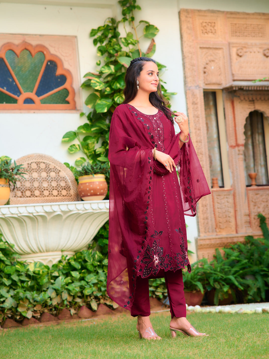 Embroidered Kurta With Pant & Embroidered Cut Work Organza Dupatta, Maroon - Hiral Fashion