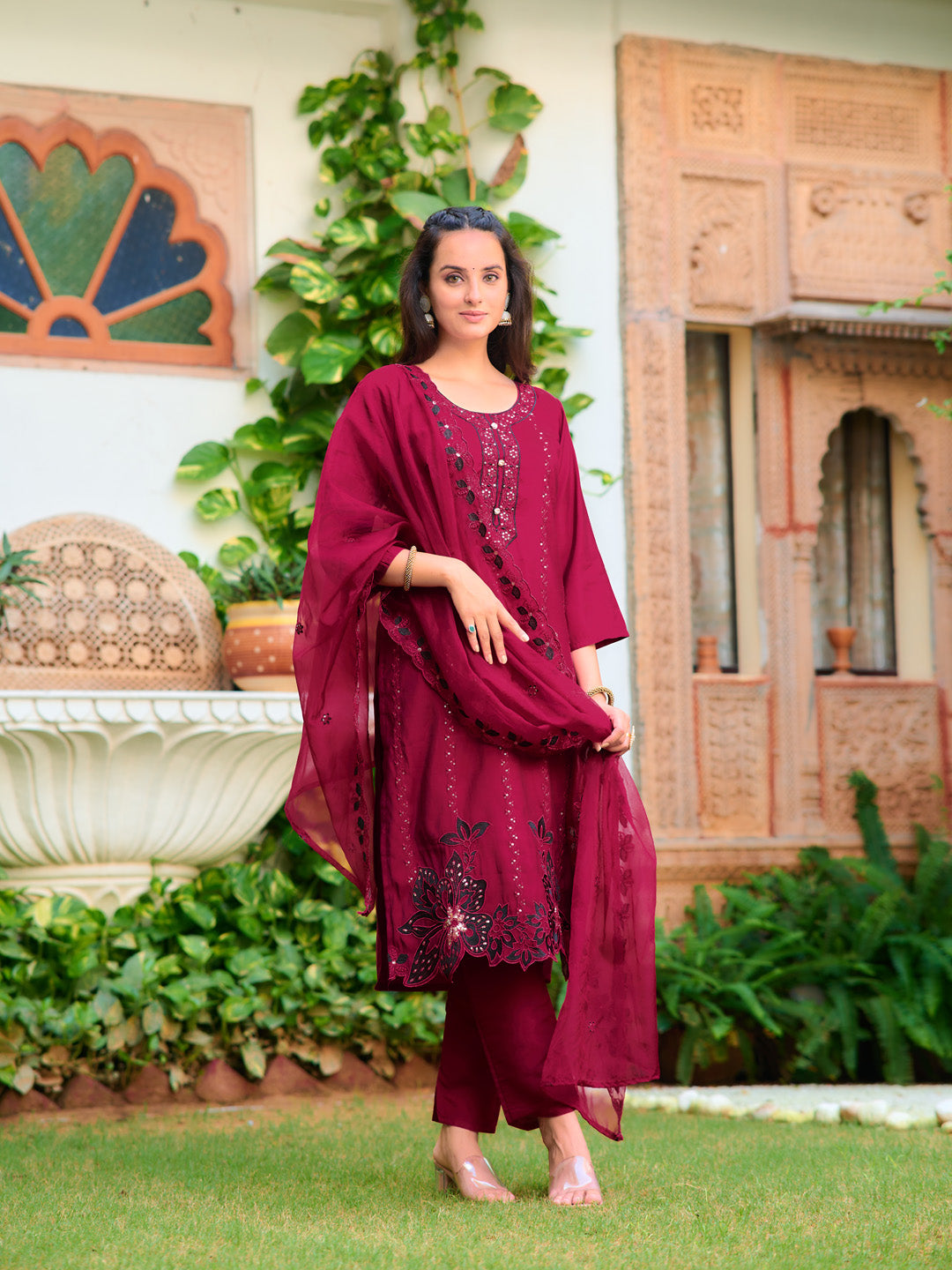 Embroidered Kurta With Pant & Embroidered Cut Work Organza Dupatta, Maroon - Hiral Fashion