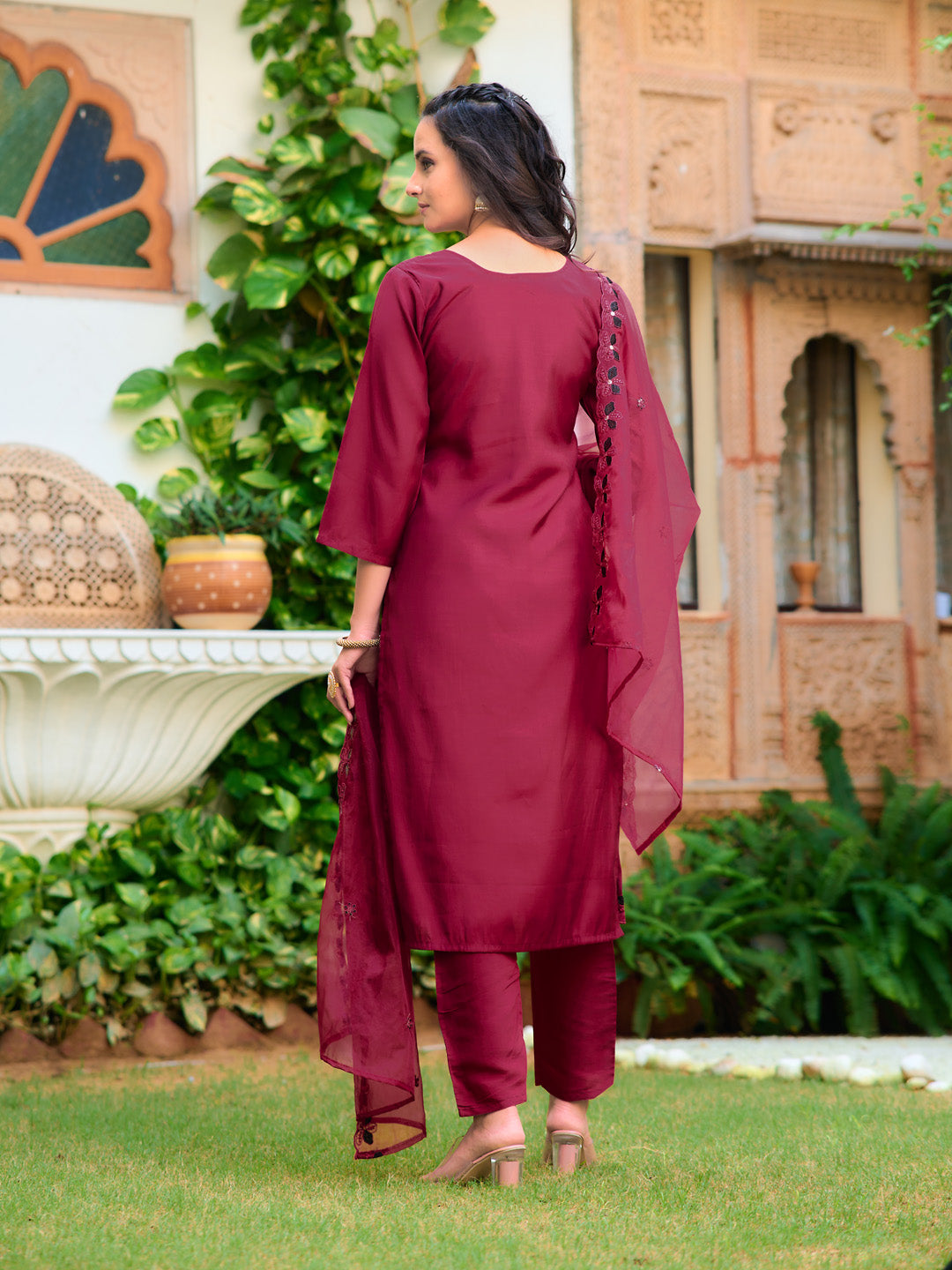 Embroidered Kurta With Pant & Embroidered Cut Work Organza Dupatta, Maroon - Hiral Fashion