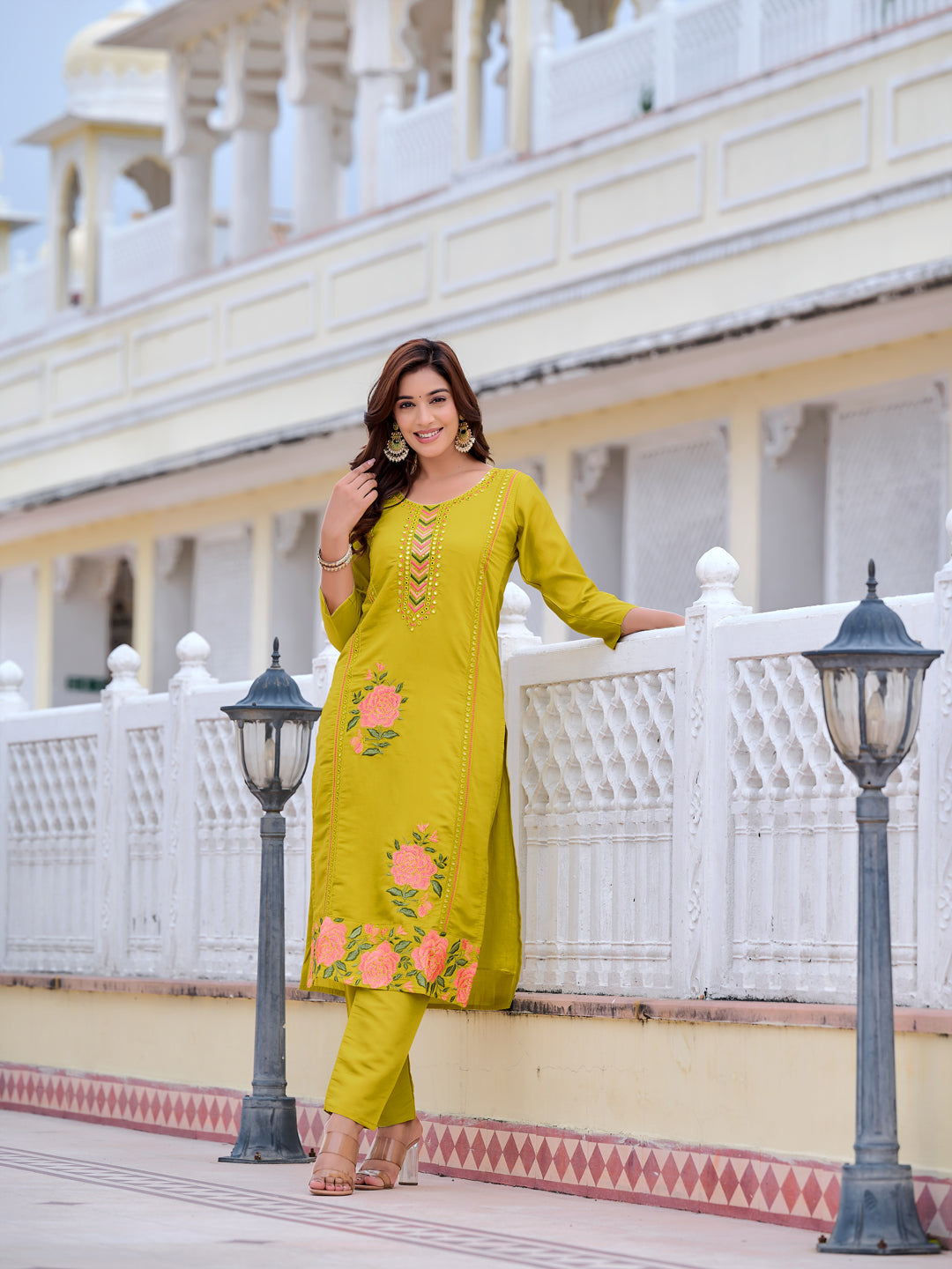 Mirror Embroidered Kurta With Pant & Embroidered Organza Dupatta, Yellow - Hiral Fashion