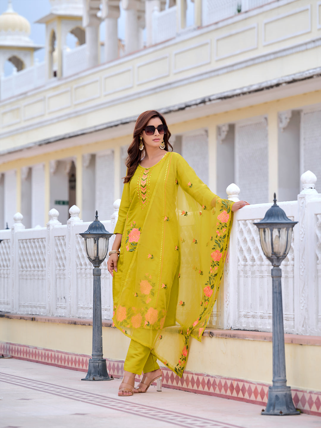 Mirror Embroidered Kurta With Pant & Embroidered Organza Dupatta, Yellow - Hiral Fashion