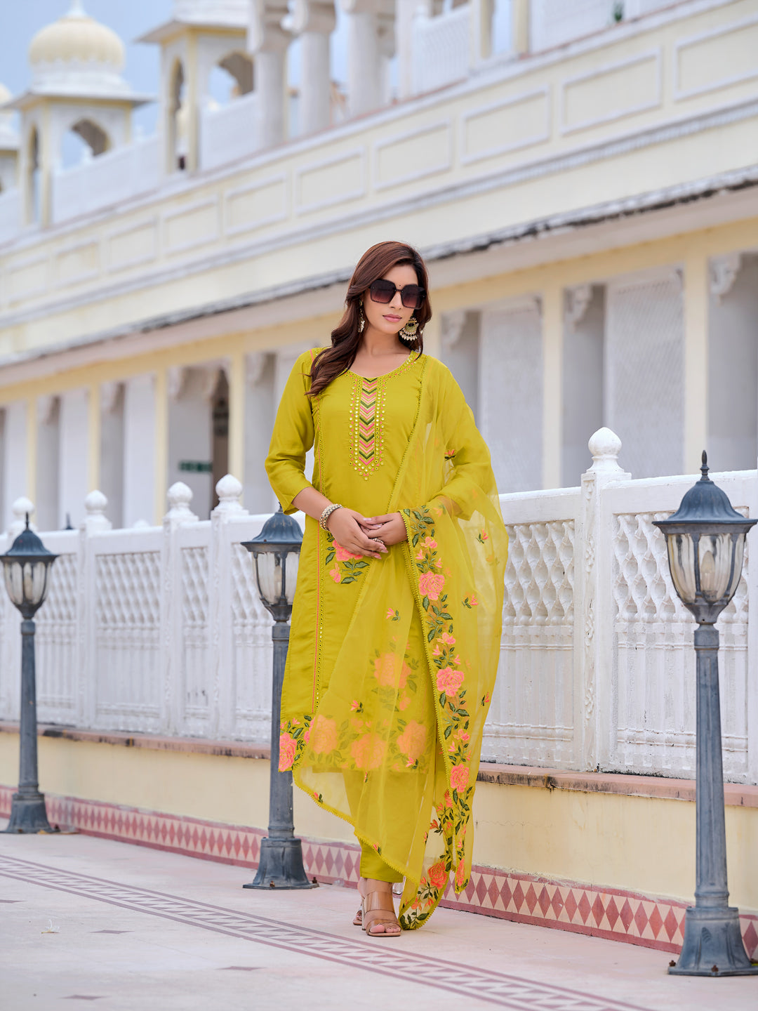 Mirror Embroidered Kurta With Pant & Embroidered Organza Dupatta, Yellow - Hiral Fashion