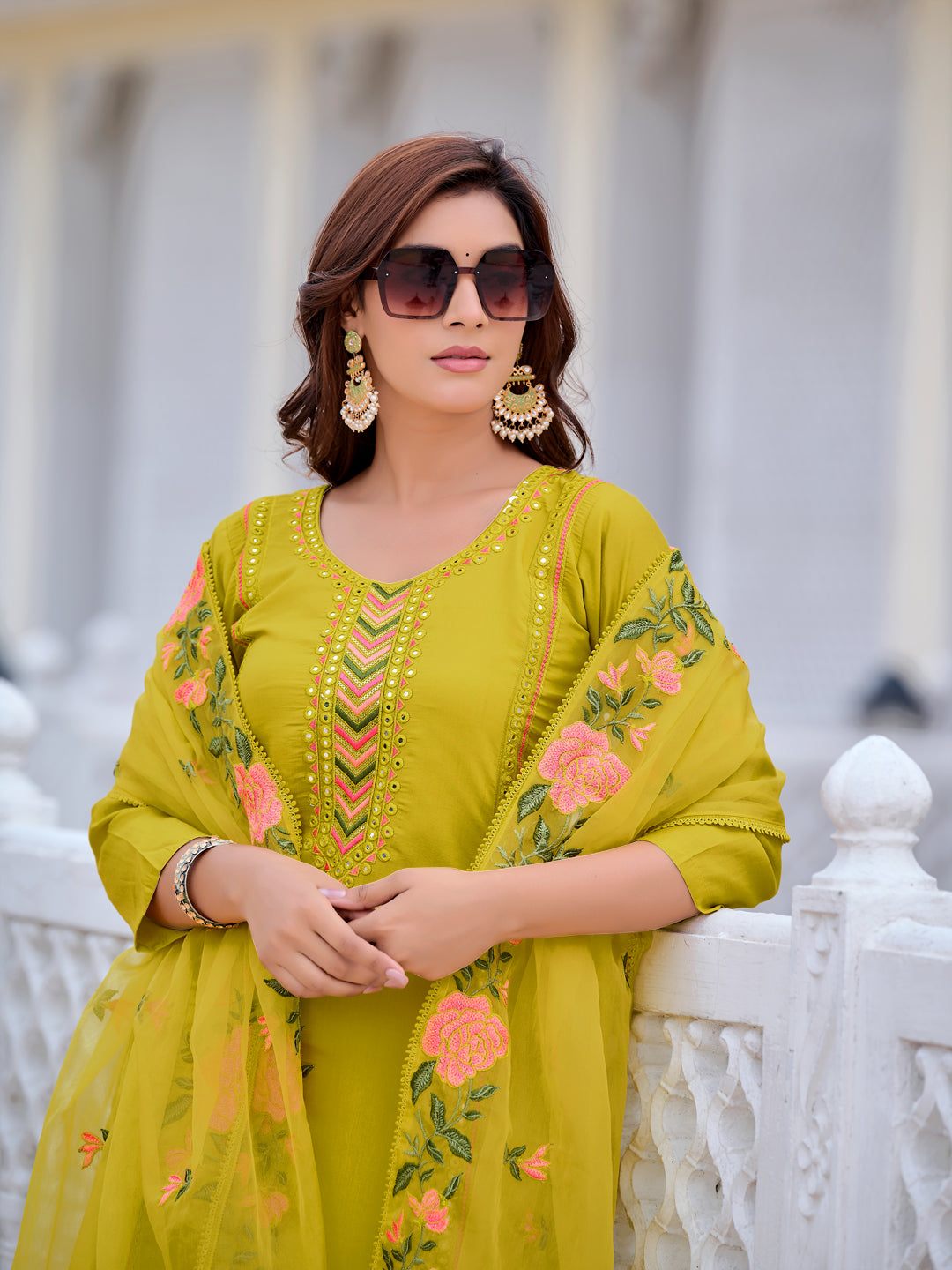 Mirror Embroidered Kurta With Pant & Embroidered Organza Dupatta, Yellow - Hiral Fashion