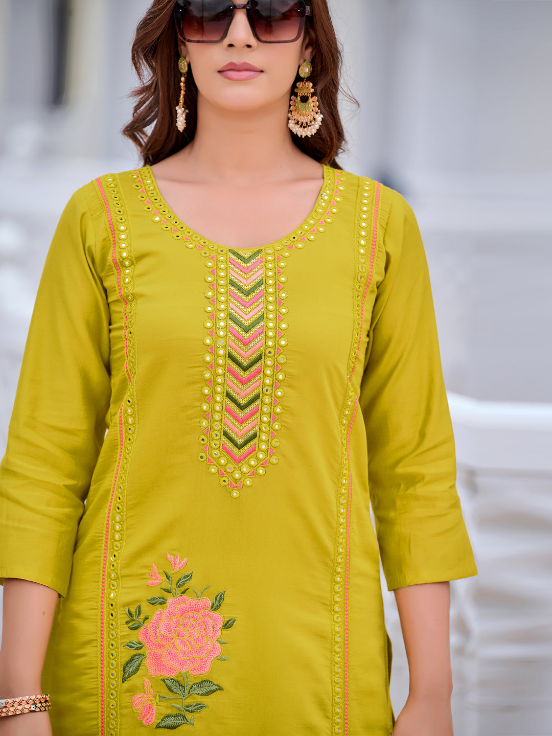 Mirror Embroidered Kurta With Pant & Embroidered Organza Dupatta, Yellow - Hiral Fashion