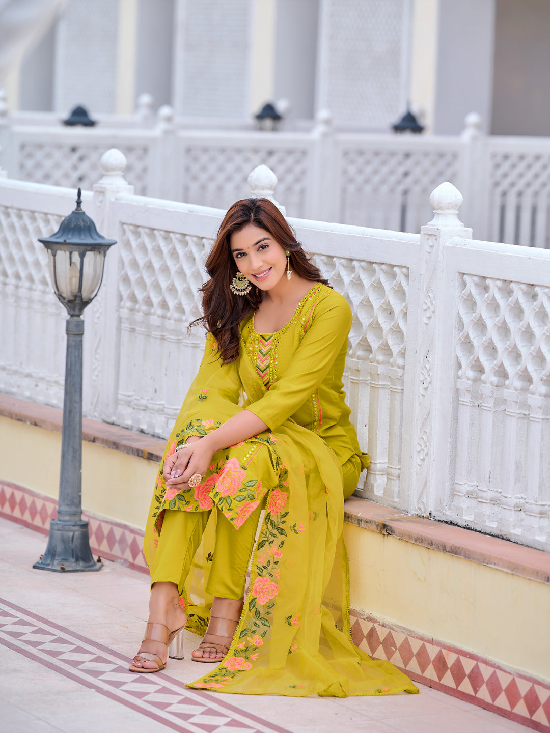 Mirror Embroidered Kurta With Pant & Embroidered Organza Dupatta, Yellow - Hiral Fashion