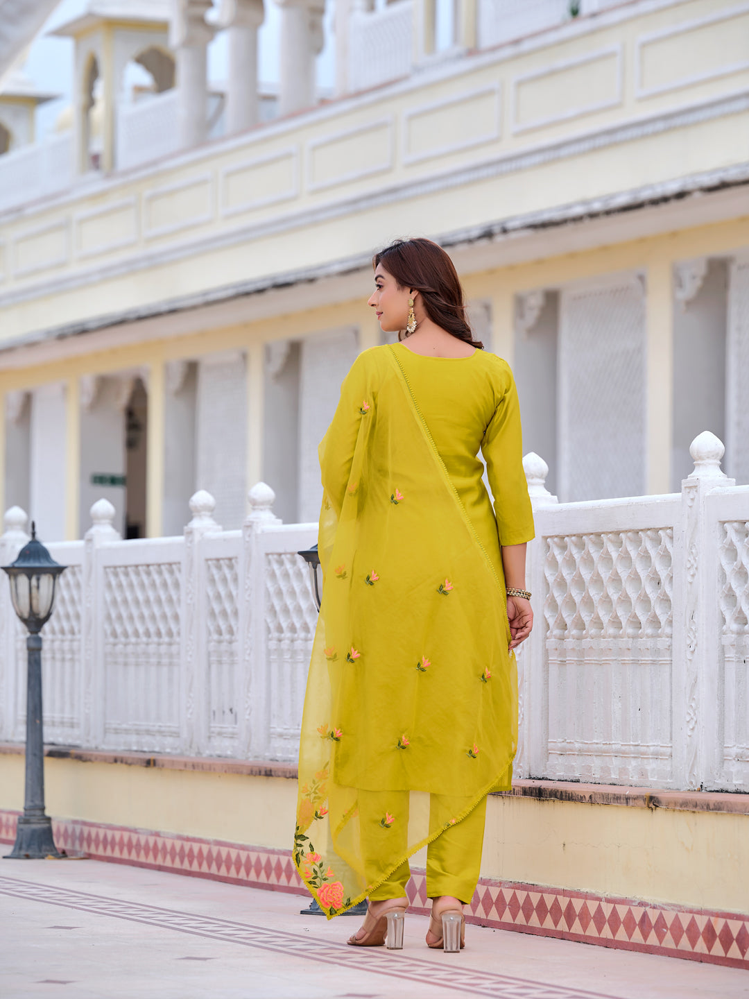 Mirror Embroidered Kurta With Pant & Embroidered Organza Dupatta, Yellow - Hiral Fashion