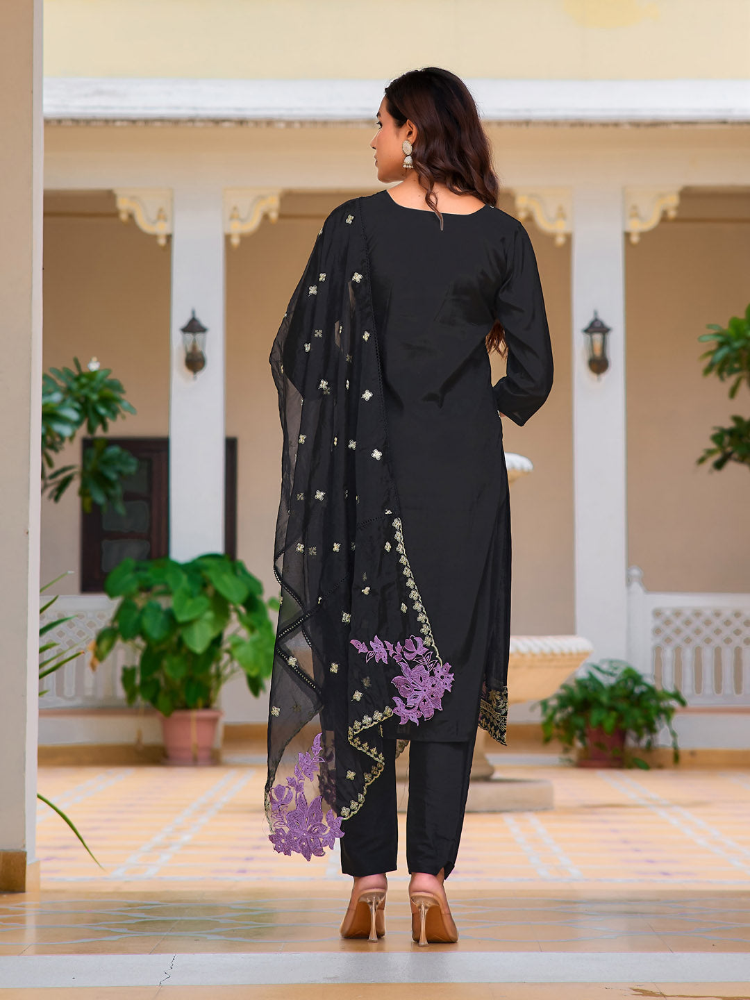 Embroidered Kurta With Pant & Embroidered Organza Dupatta, Black - Hiral Fashion