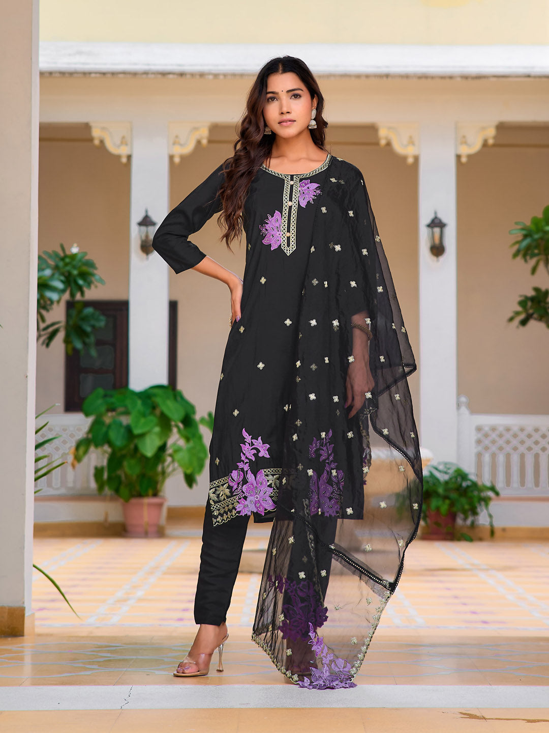 Embroidered Kurta With Pant & Embroidered Organza Dupatta, Black - Hiral Fashion